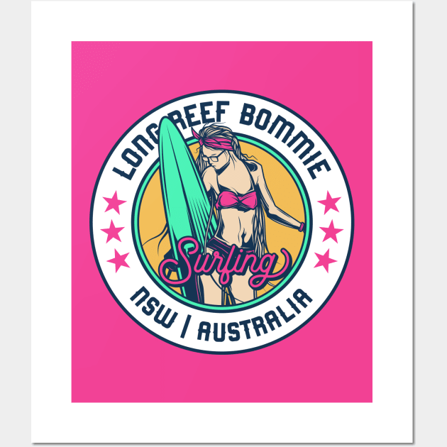 Retro Surfer Babe Badge Long Reef Bommie New South Wales Australia Wall Art by Now Boarding